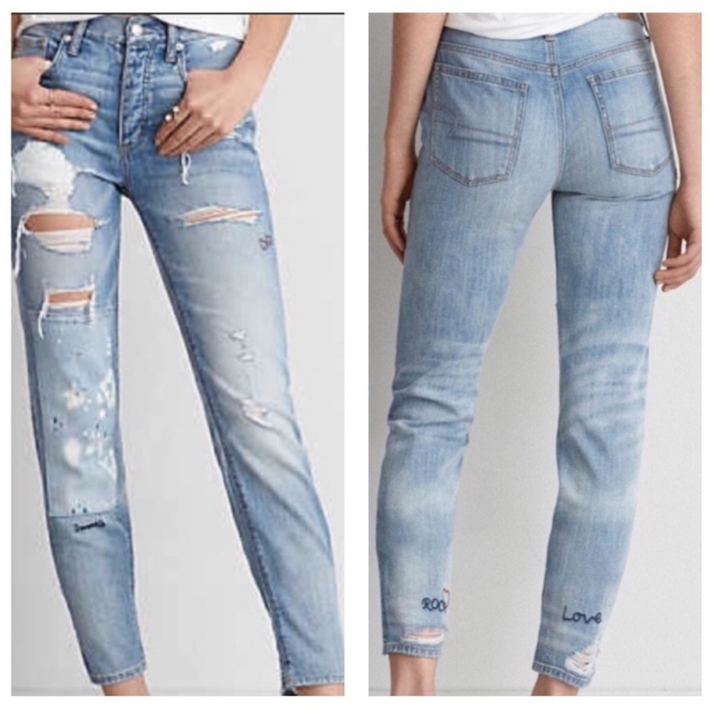 AE distressed vintage highrise embroidered jeans 10